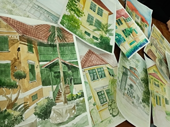 1st year student with watercolor line
drawing